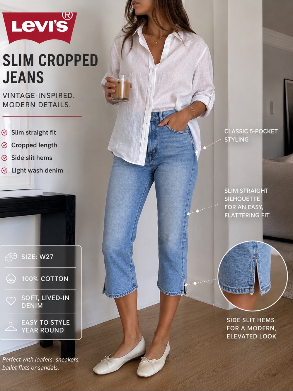 Levi’s Slim Capri Jeans Side Slit Hem Light Wash W27
